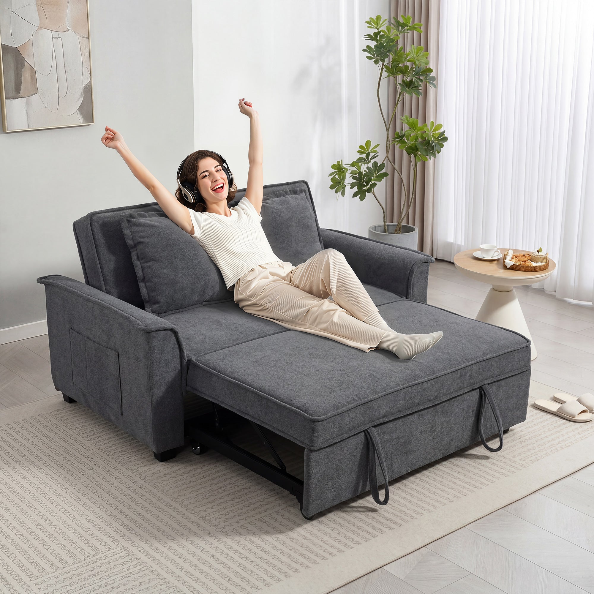 2-Seater Convertible Sofa Bed, 66" Chenille Click-Clack with Adjustable Back, Pocket Springs & Side Pocket, Grey