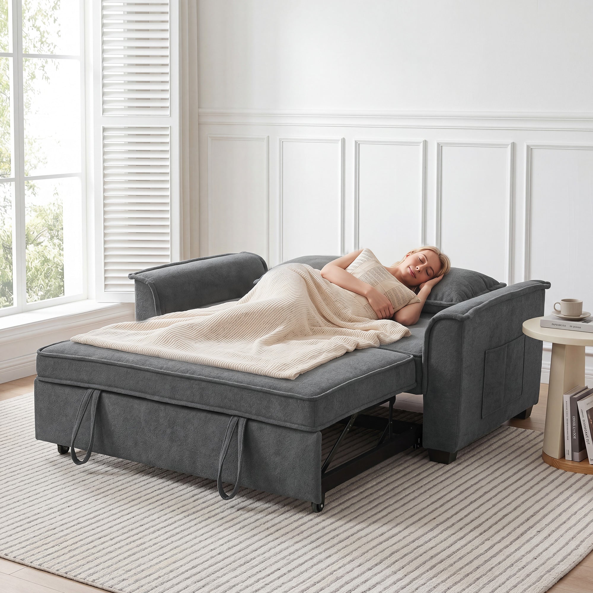 2-Seater Convertible Sofa Bed, 66" Chenille Click-Clack with Adjustable Back, Pocket Springs & Side Pocket, Grey