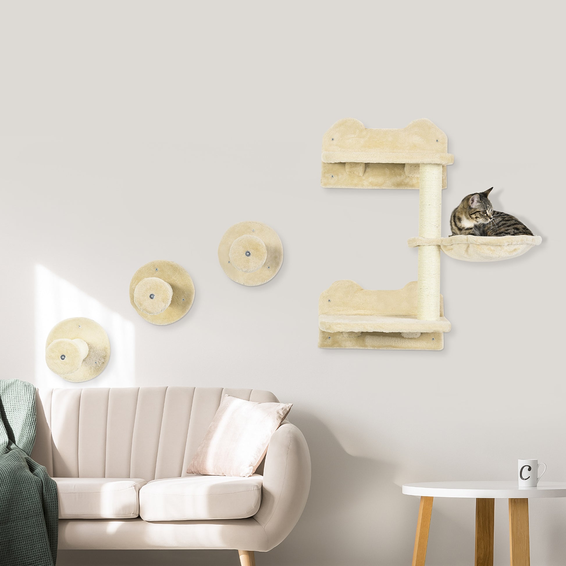 Cat Climbing Wall, 4-piece, Cat Climbing Wall, incl. 1 x Jump Tower, 3 x Scratching Posts, Climbing Wall Set, Scratching Post with Hammock, Wall Perch Cats, Cat Staircase, Sisal, Beige+Cream White