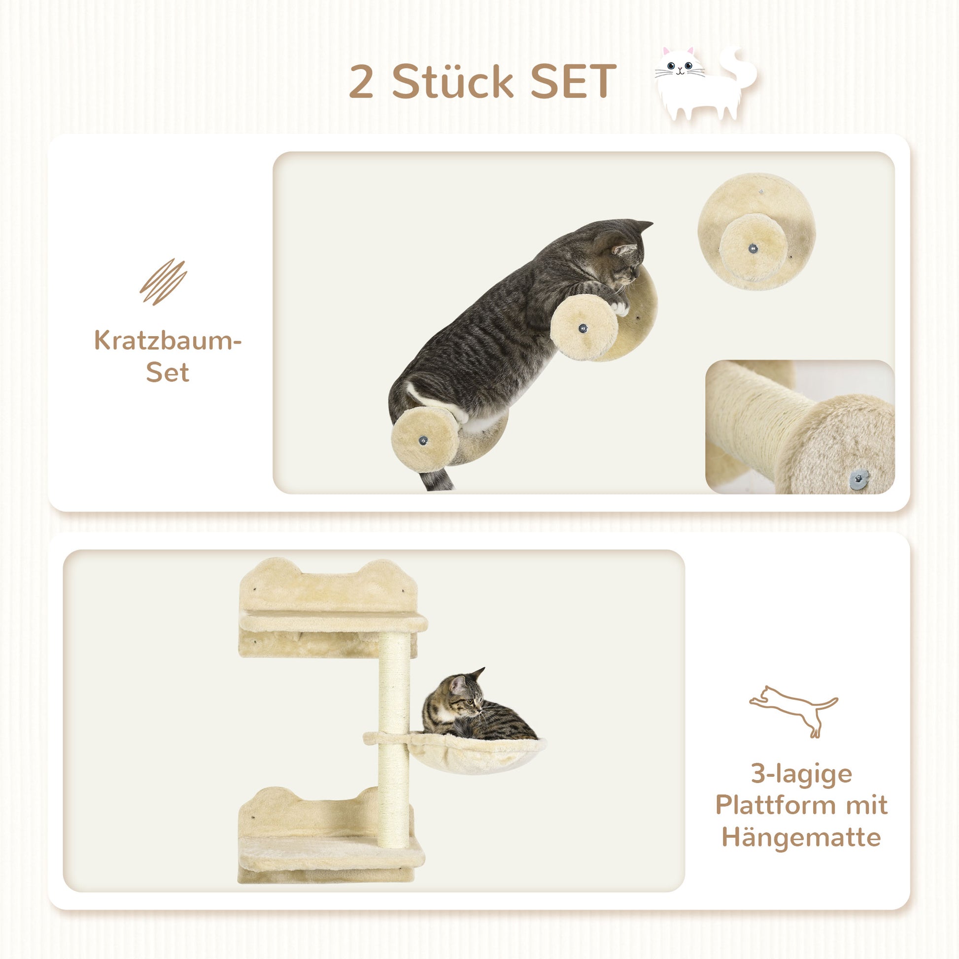 Cat Climbing Wall, 4-piece, Cat Climbing Wall, incl. 1 x Jump Tower, 3 x Scratching Posts, Climbing Wall Set, Scratching Post with Hammock, Wall Perch Cats, Cat Staircase, Sisal, Beige+Cream White