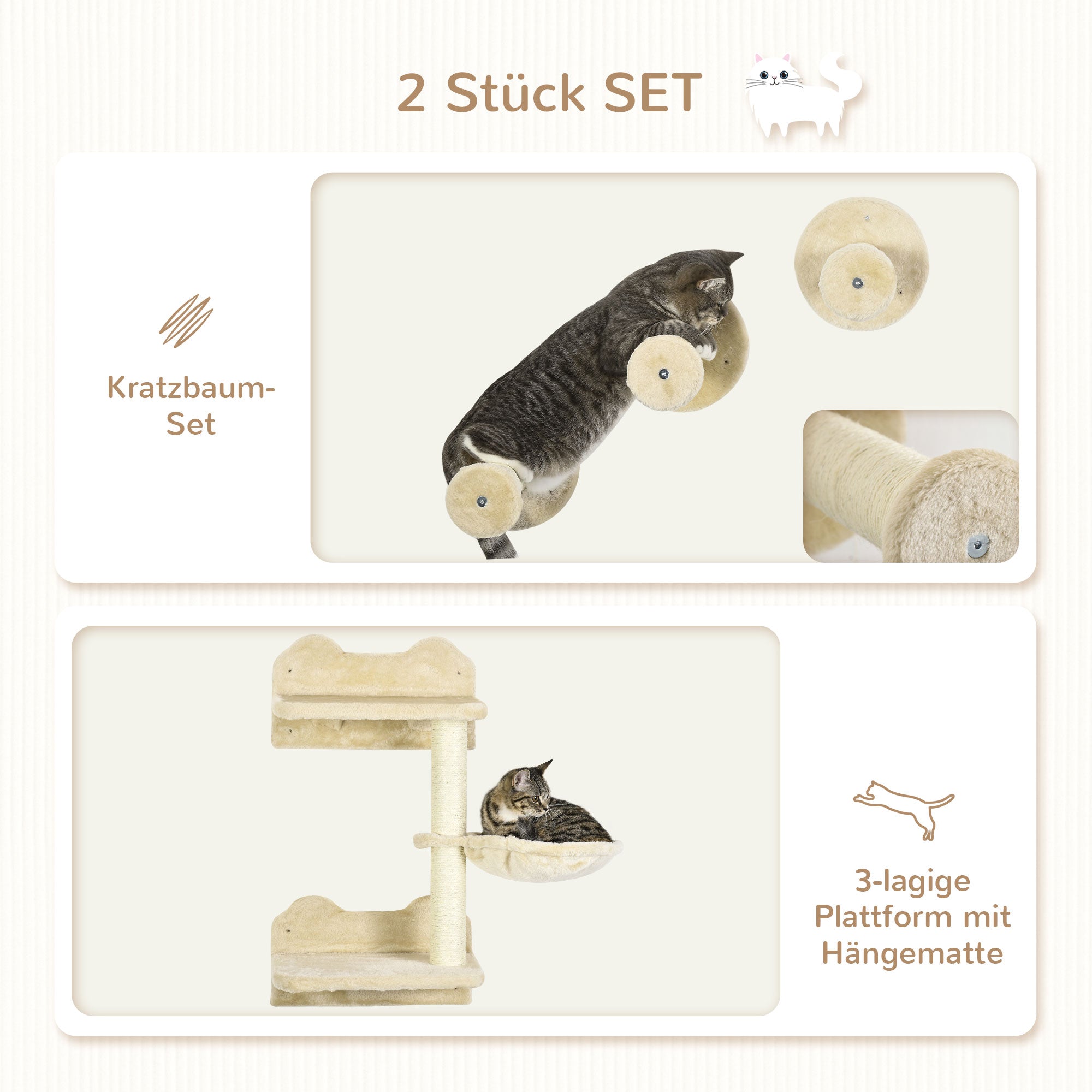 Cat Climbing Wall, 4-piece, Cat Climbing Wall, incl. 1 x Jump Tower, 3 x Scratching Posts, Climbing Wall Set, Scratching Post with Hammock, Wall Perch Cats, Cat Staircase, Sisal, Beige+Cream White