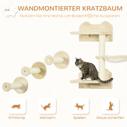 Cat Climbing Wall, 4-piece, Cat Climbing Wall, incl. 1 x Jump Tower, 3 x Scratching Posts, Climbing Wall Set, Scratching Post with Hammock, Wall Perch Cats, Cat Staircase, Sisal, Beige+Cream White