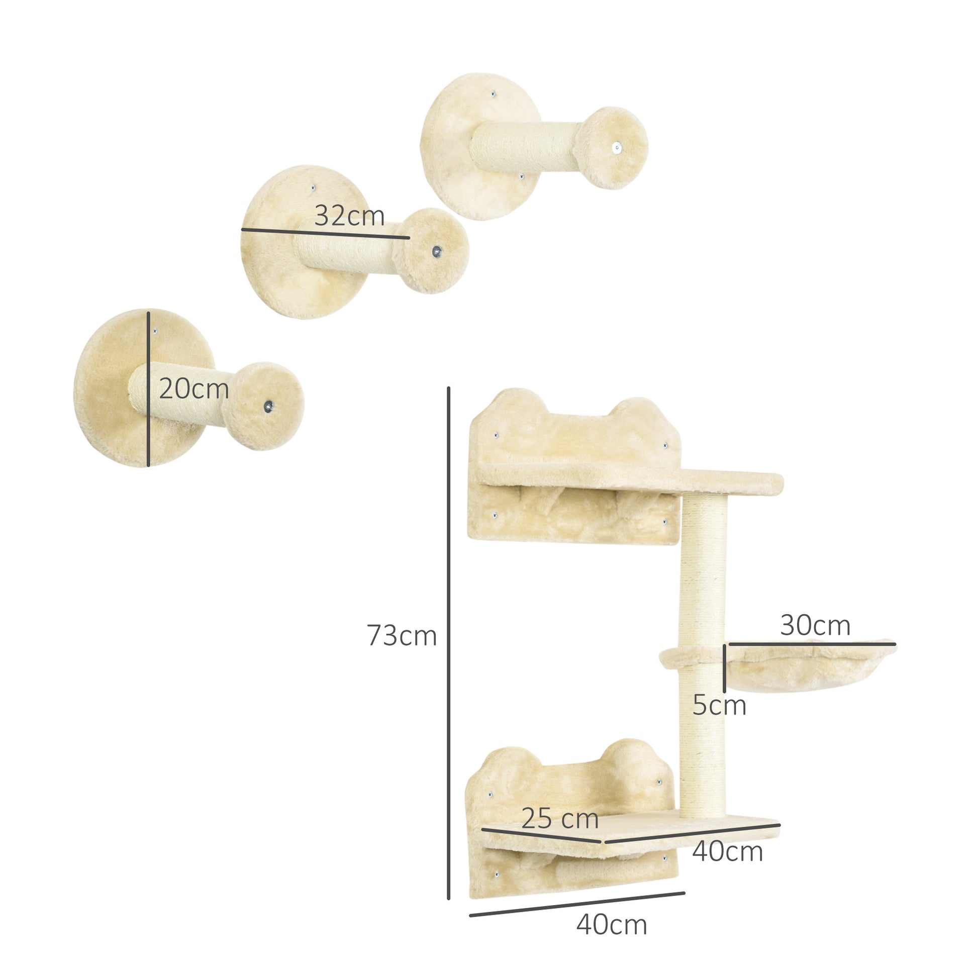 Cat Climbing Wall, 4-piece, Cat Climbing Wall, incl. 1 x Jump Tower, 3 x Scratching Posts, Climbing Wall Set, Scratching Post with Hammock, Wall Perch Cats, Cat Staircase, Sisal, Beige+Cream White