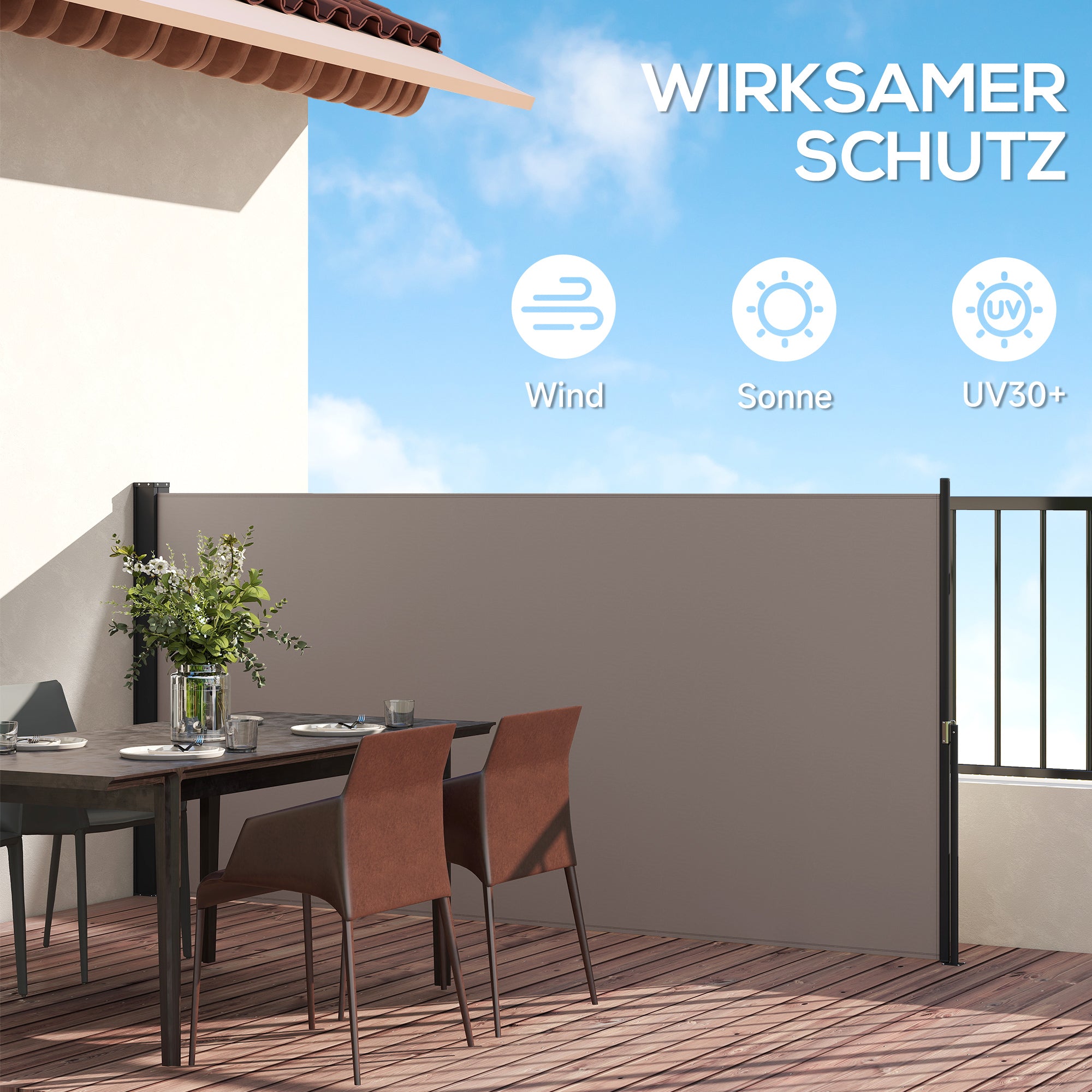 Retractable Side Awning Privacy Screen with Wall Mount Steel Box Waterproof Side Wall Awning Wind Protection Sun Protection 300 x 140cm for Balcony Terrace Garden Grey