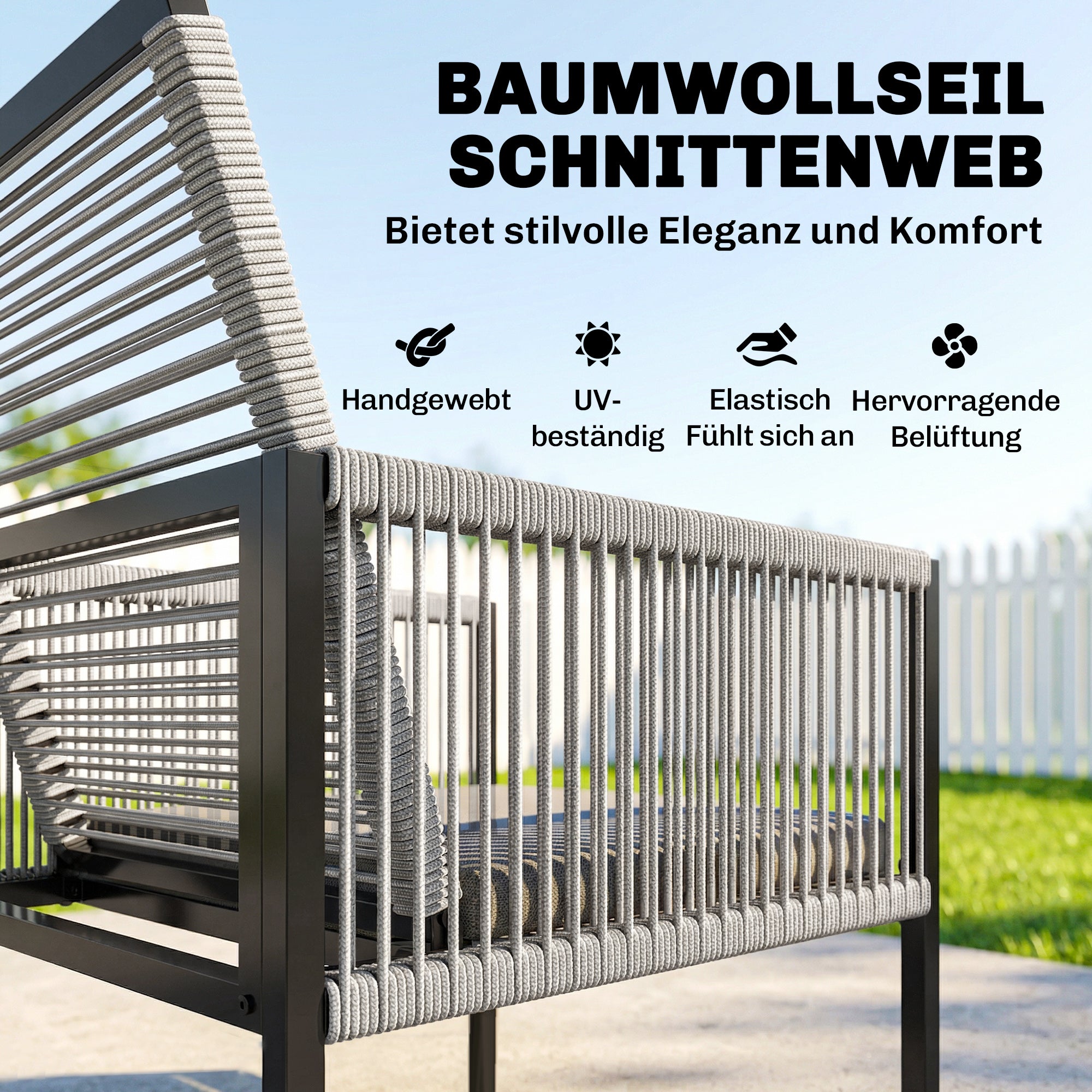 5-Piece Outdoor Dining Set - Square Tempered Glass Table with 4 Breathable Folding Rope Chairs, Space-Saving, Light Gray