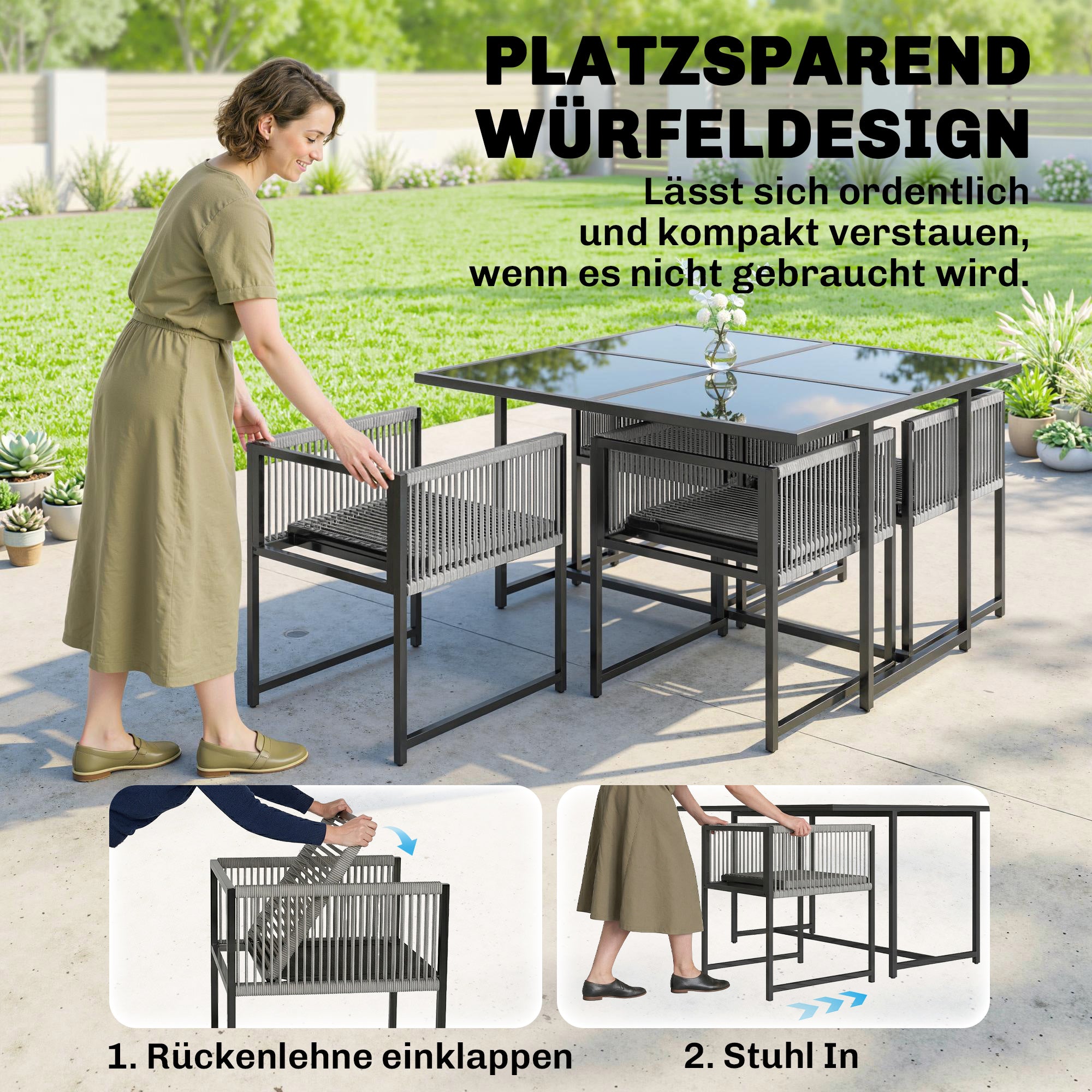 5-Piece Outdoor Dining Set - Square Tempered Glass Table with 4 Breathable Folding Rope Chairs, Space-Saving, Light Gray