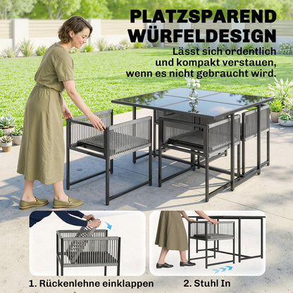 5-Piece Outdoor Dining Set - Square Tempered Glass Table with 4 Breathable Folding Rope Chairs, Space-Saving, Light Gray