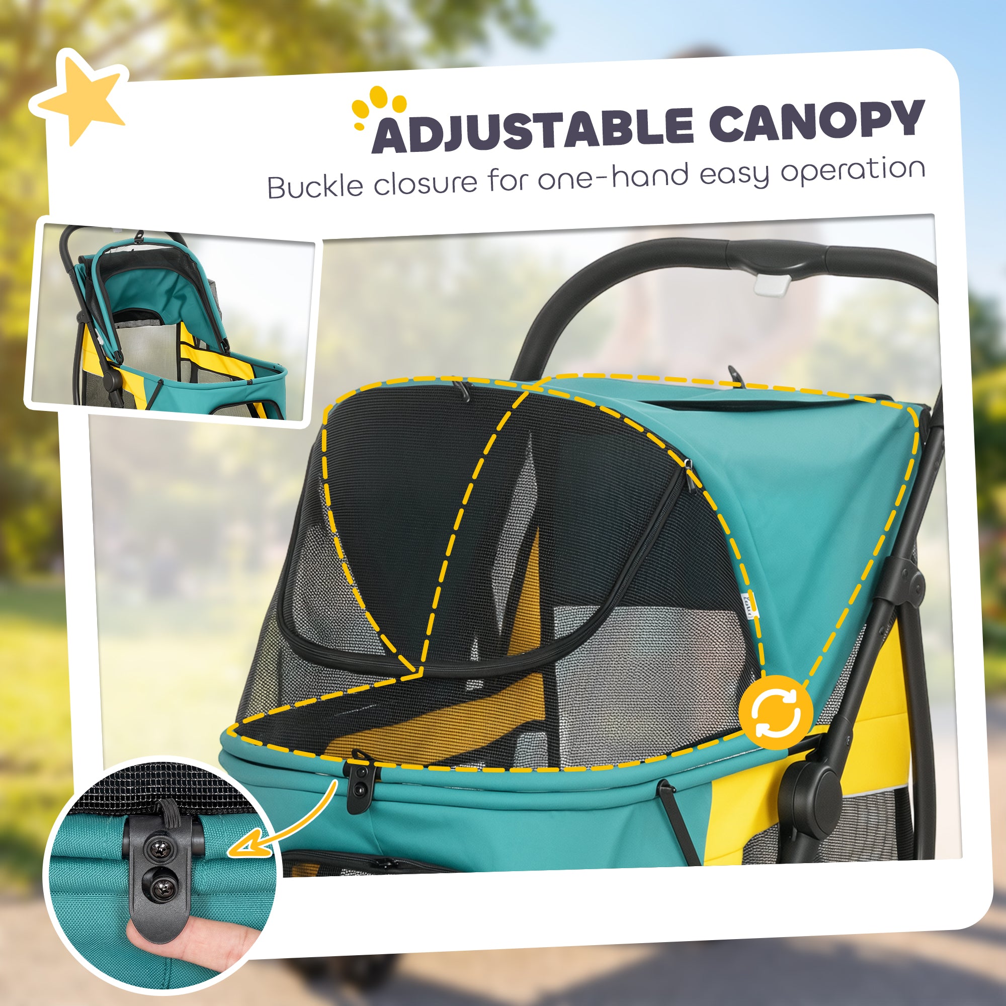 Foldable Dog Stroller / Pet Buggy — For Cats & Dogs up to 44 lb with Cushion, Mesh Windows, Rear Pocket, 360° Swivel Wheels with Brake, Door — Medium Dogs, Dark Green