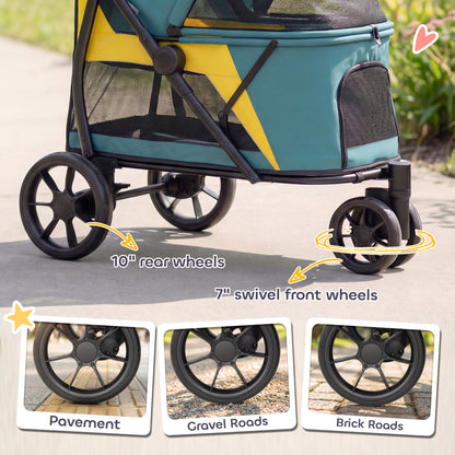 Foldable Dog Stroller / Pet Buggy — For Cats & Dogs up to 44 lb with Cushion, Mesh Windows, Rear Pocket, 360° Swivel Wheels with Brake, Door — Medium Dogs, Dark Green