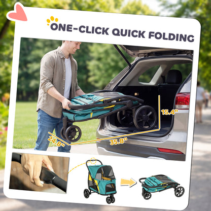 Foldable Dog Stroller / Pet Buggy — For Cats & Dogs up to 44 lb with Cushion, Mesh Windows, Rear Pocket, 360° Swivel Wheels with Brake, Door — Medium Dogs, Dark Green