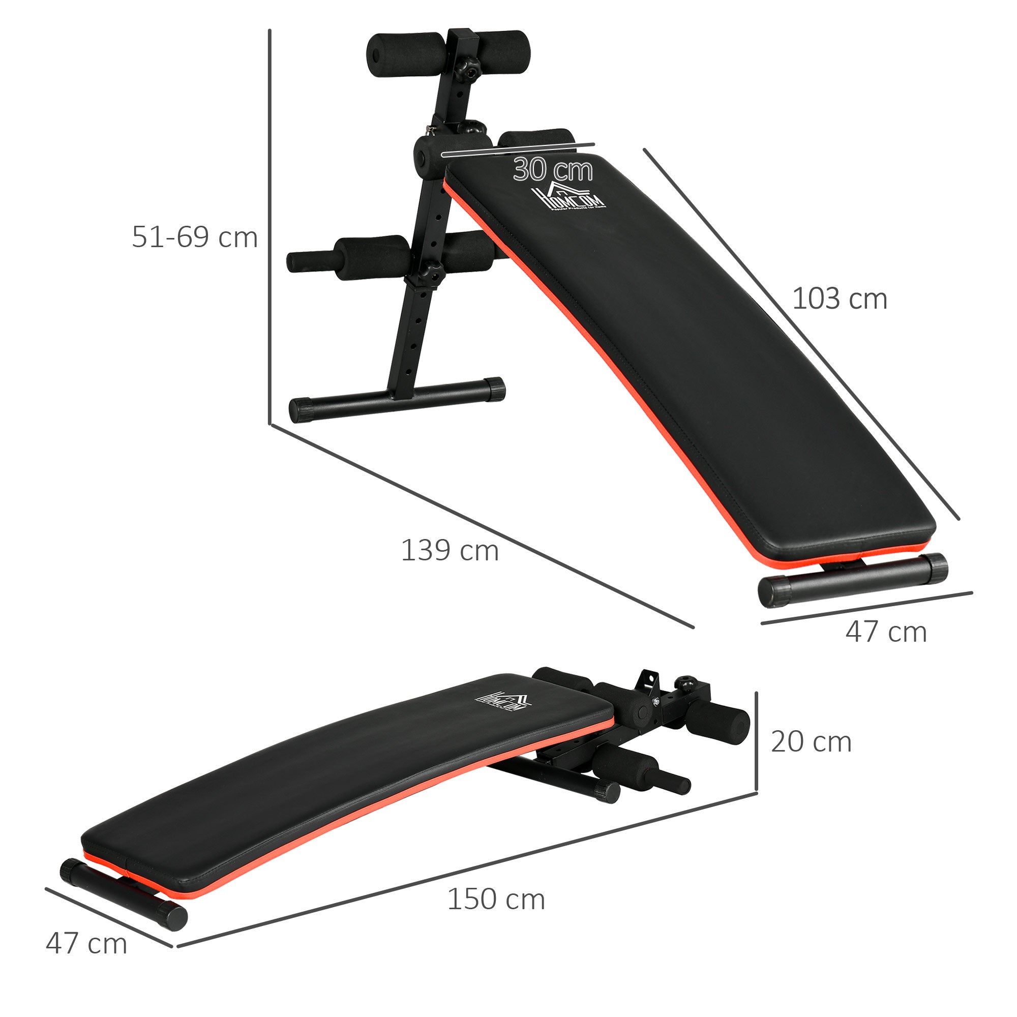 Foldable and Adjustable Abdominal Bench, Multifunctional Gym Weight Bench with Padded Backrest, 47x139x51-69cm, Black and Red