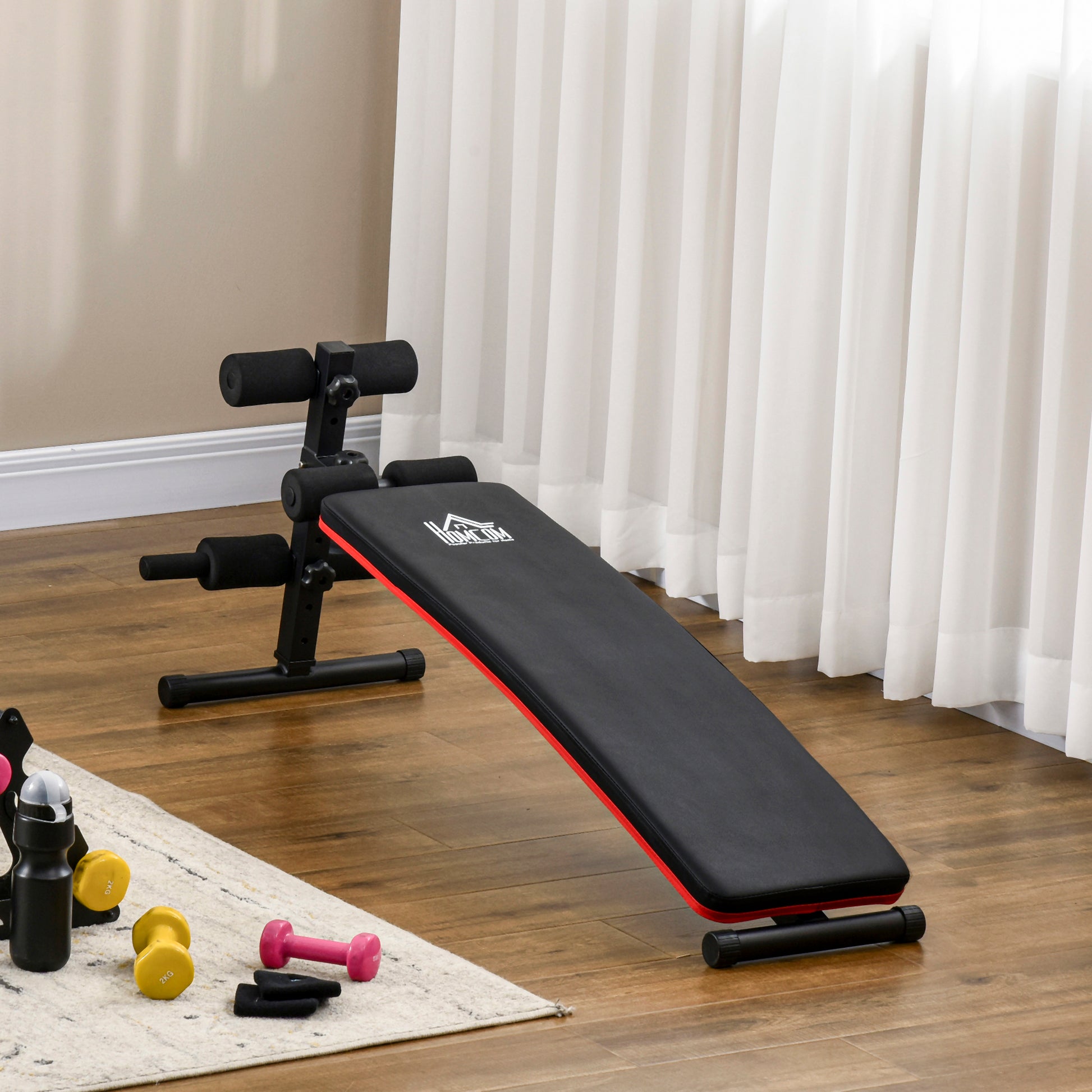 Foldable and Adjustable Abdominal Bench, Multifunctional Gym Weight Bench with Padded Backrest, 47x139x51-69cm, Black and Red