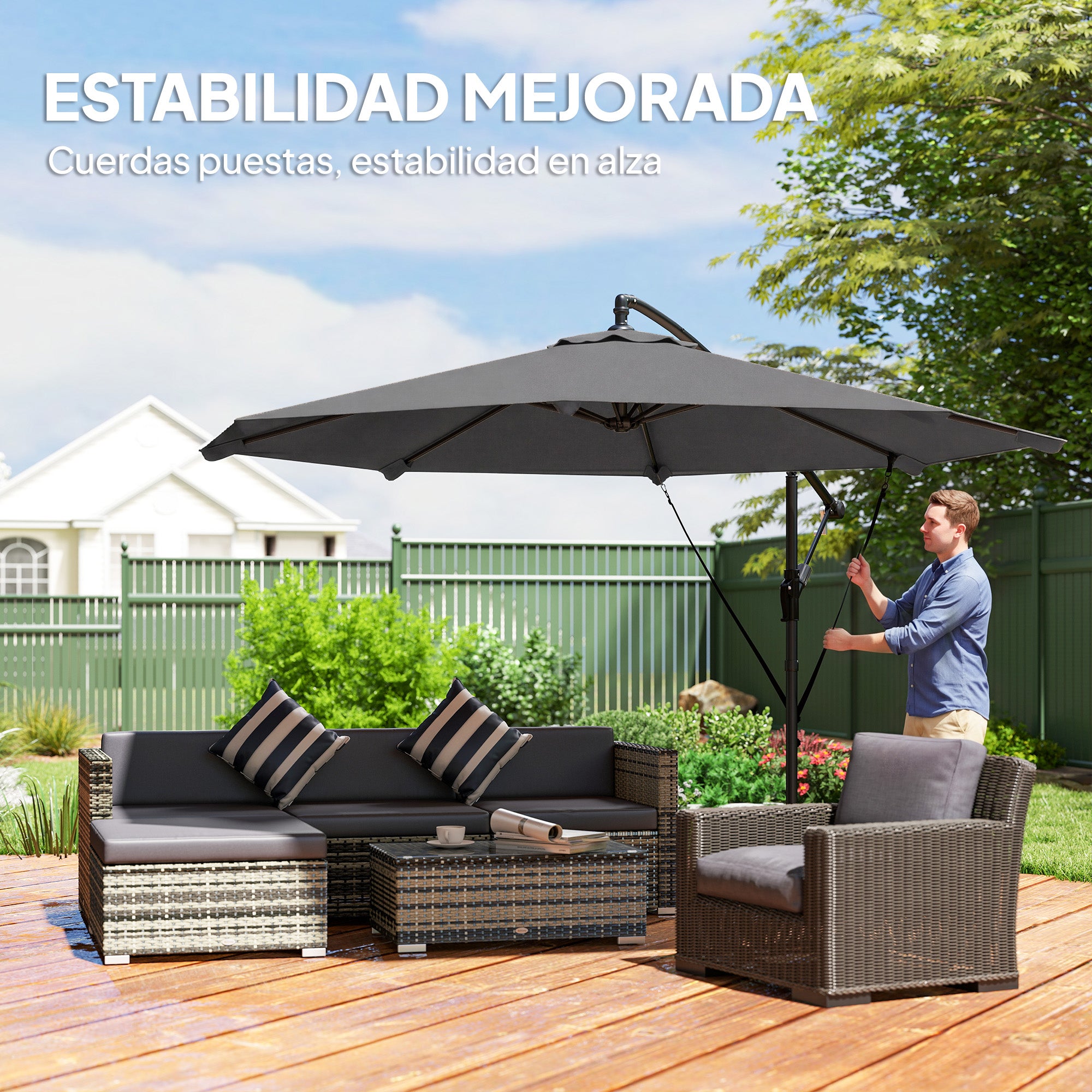 Offset Umbrella, Ø2.95 m (9.7 ft), Garden Parasol with Cross Base, Crank, Protective Cover and Wind Ropes, UPF30+, for Patio, Dark Gray