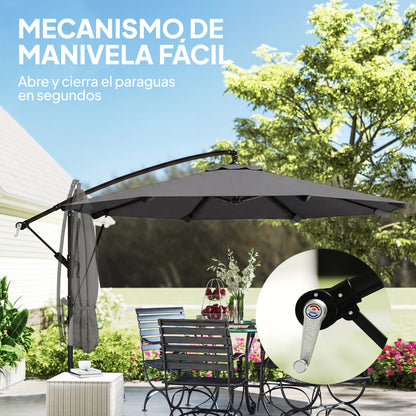 Offset Umbrella, Ø2.95 m (9.7 ft), Garden Parasol with Cross Base, Crank, Protective Cover and Wind Ropes, UPF30+, for Patio, Dark Gray