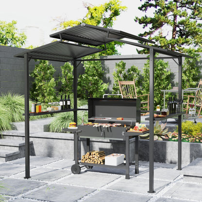 Grill Gazebo 250 x 160 x 250 cm Waterproof Garden Pavilion with Double Layer Roof, Side Shelves, Garden Gazebos with UV Protection, BBQ Pavilion, Garden Tent Grill Tent for Garden Party BBQ, Black