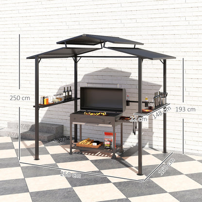 Grill Gazebo 250 x 160 x 250 cm Waterproof Garden Pavilion with Double Layer Roof, Side Shelves, Garden Gazebos with UV Protection, BBQ Pavilion, Garden Tent Grill Tent for Garden Party BBQ, Black