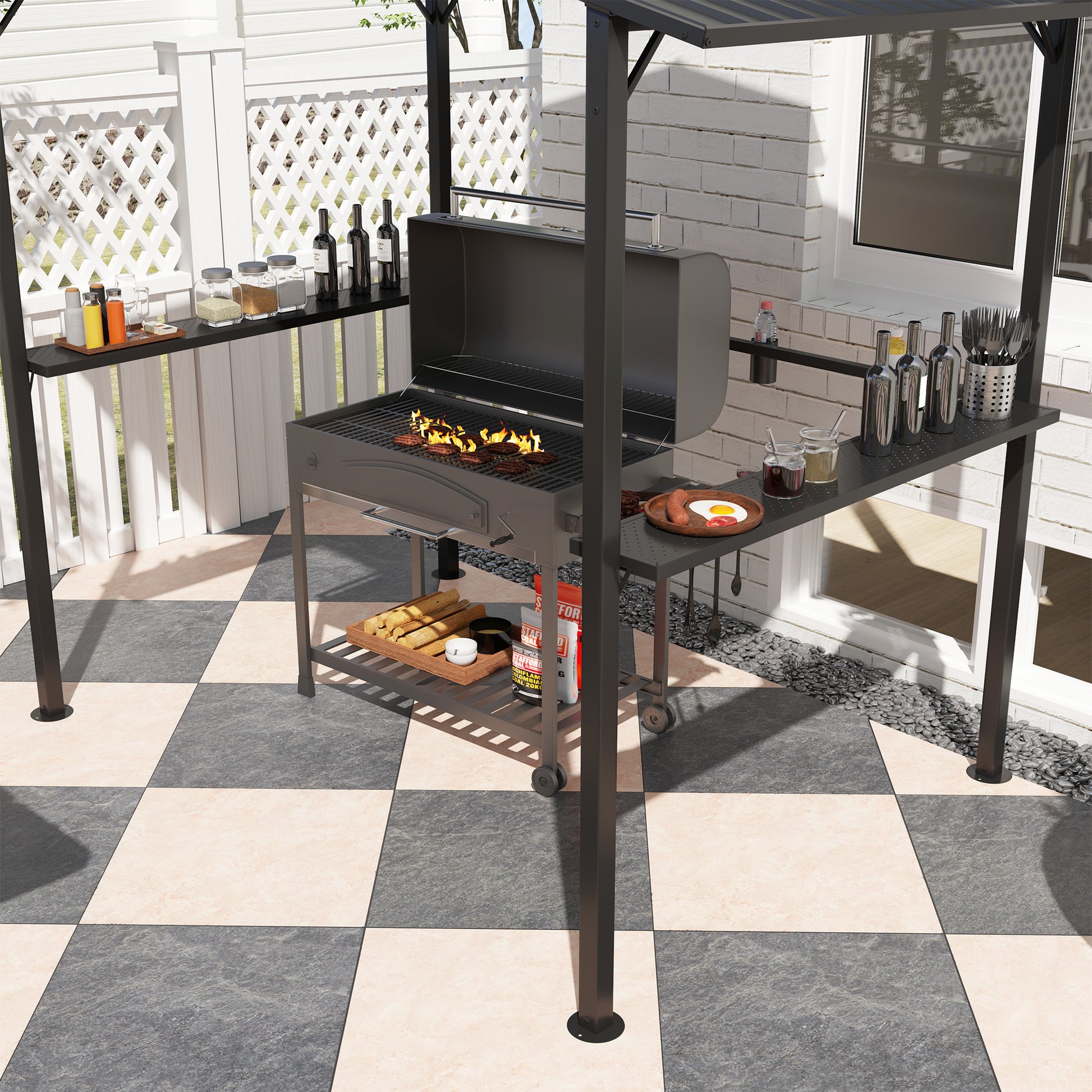 Grill Gazebo 250 x 160 x 250 cm Waterproof Garden Pavilion with Double Layer Roof, Side Shelves, Garden Gazebos with UV Protection, BBQ Pavilion, Garden Tent Grill Tent for Garden Party BBQ, Black