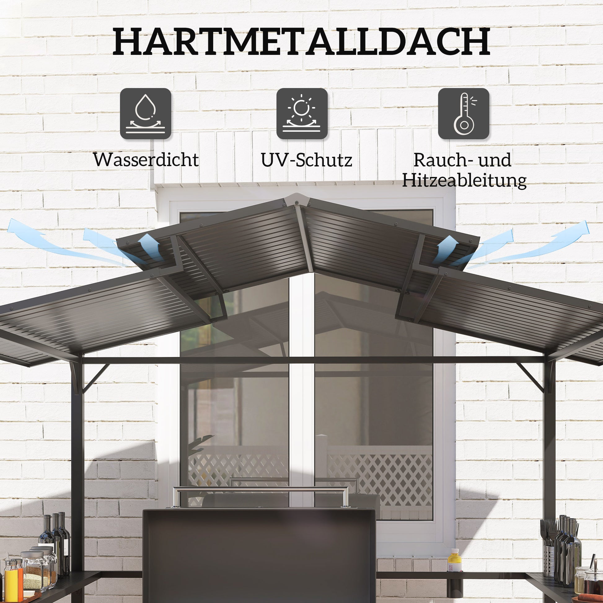 Grill Gazebo 250 x 160 x 250 cm Waterproof Garden Pavilion with Double Layer Roof, Side Shelves, Garden Gazebos with UV Protection, BBQ Pavilion, Garden Tent Grill Tent for Garden Party BBQ, Black