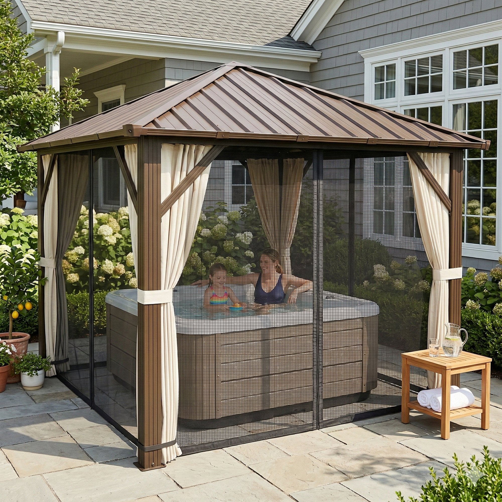 Garden Gazebo ~3 x 3 m Aluminum Gazebo with Steel Hardtop, Mosquito Nets & 4 Side Curtains, UPF50+, Water-Resistant, Stable Outdoor Pergola with Ceiling Hook for Garden & Patio, Brown