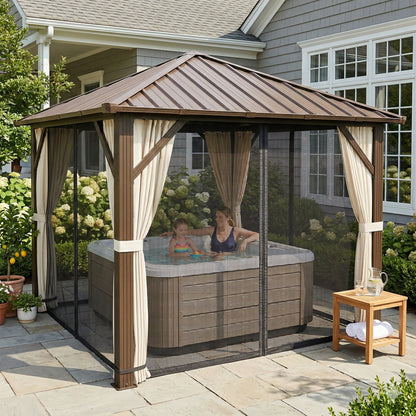 Garden Gazebo ~3 x 3 m Aluminum Gazebo with Steel Hardtop, Mosquito Nets & 4 Side Curtains, UPF50+, Water-Resistant, Stable Outdoor Pergola with Ceiling Hook for Garden & Patio, Brown
