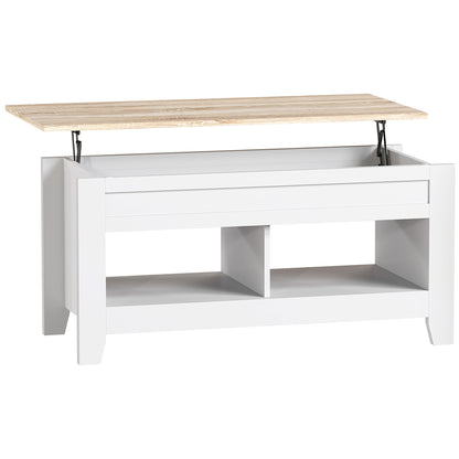 Lift-Top Coffee Table with Lift-Up Countertop, 2 Open Compartments and Hidden Storage Space 105x50x49 cm White and Natural