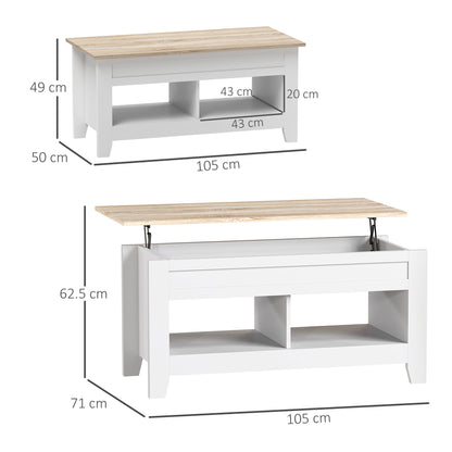 Lift-Top Coffee Table with Lift-Up Countertop, 2 Open Compartments and Hidden Storage Space 105x50x49 cm White and Natural