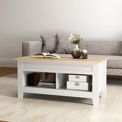 Lift-Top Coffee Table with Lift-Up Countertop, 2 Open Compartments and Hidden Storage Space 105x50x49 cm White and Natural