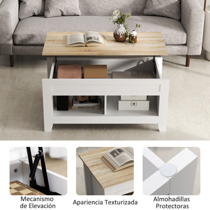 Lift-Top Coffee Table with Lift-Up Countertop, 2 Open Compartments and Hidden Storage Space 105x50x49 cm White and Natural