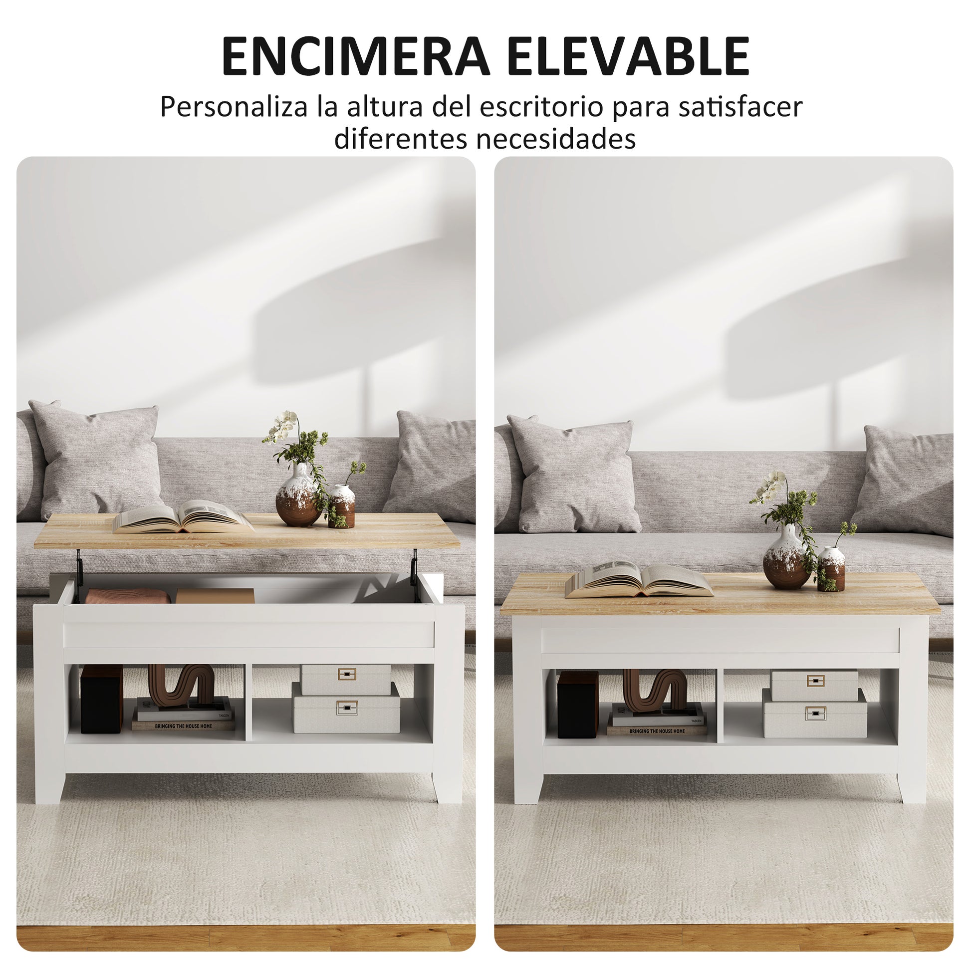 Lift-Top Coffee Table with Lift-Up Countertop, 2 Open Compartments and Hidden Storage Space 105x50x49 cm White and Natural