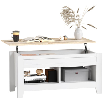 Lift-Top Coffee Table with Lift-Up Countertop, 2 Open Compartments and Hidden Storage Space 105x50x49 cm White and Natural