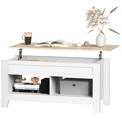 Lift-Top Coffee Table with Lift-Up Countertop, 2 Open Compartments and Hidden Storage Space 105x50x49 cm White and Natural