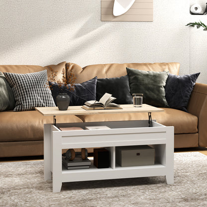 Lift-Top Coffee Table with Lift-Up Countertop, 2 Open Compartments and Hidden Storage Space 105x50x49 cm White and Natural