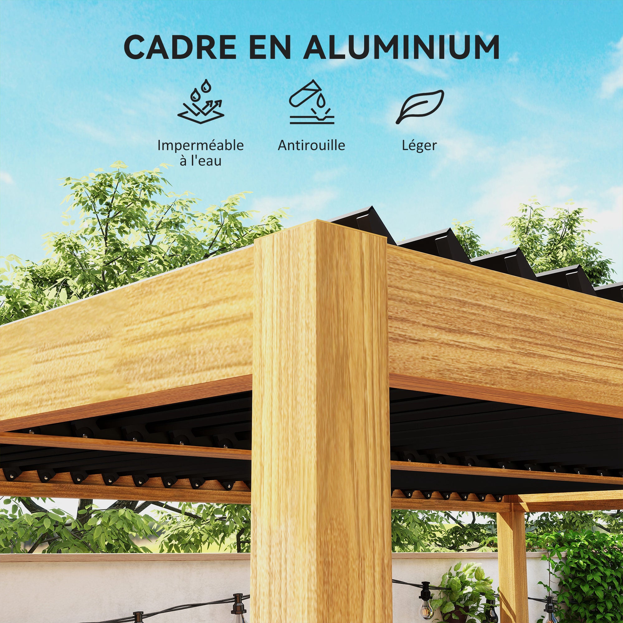 Bioclimatic Aluminum Pergola 3 x 4 m Outdoor Garden Pergola with Adjustable Louvers Crank, Contemporary Style - Black and Natural Wood Grain Effect