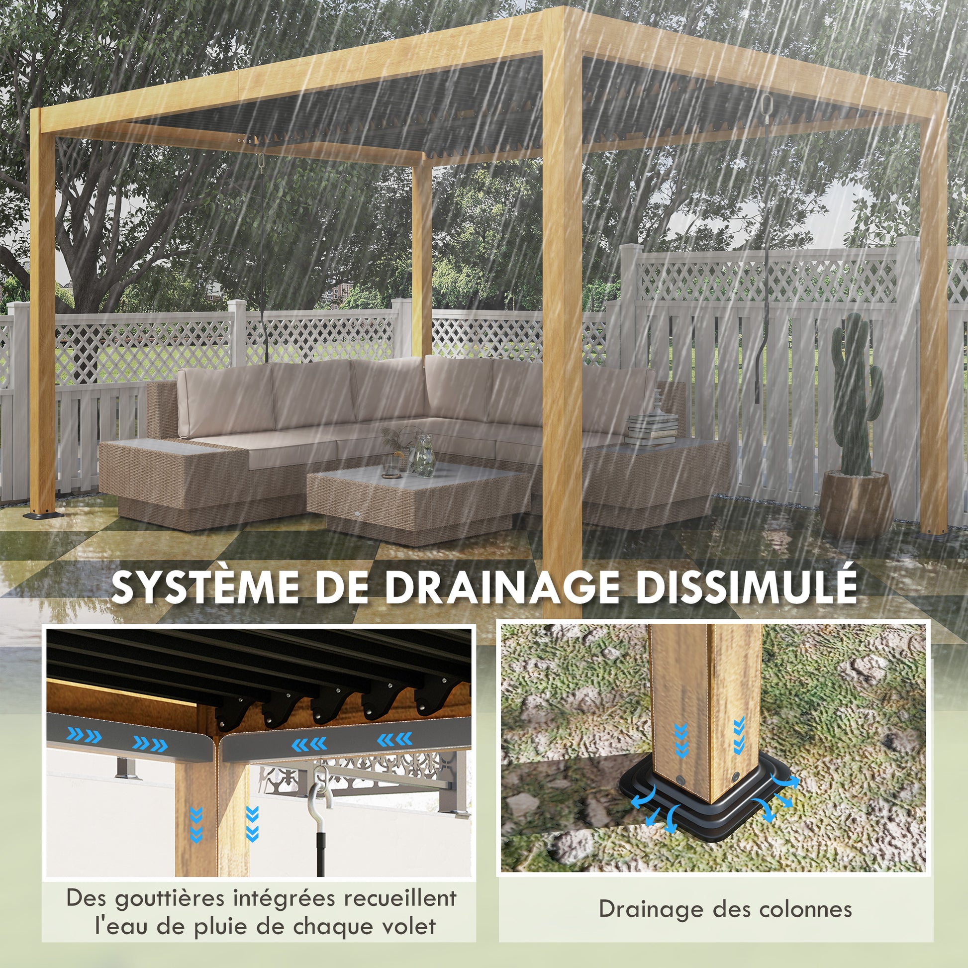 Bioclimatic Aluminum Pergola 3 x 4 m Outdoor Garden Pergola with Adjustable Louvers Crank, Contemporary Style - Black and Natural Wood Grain Effect
