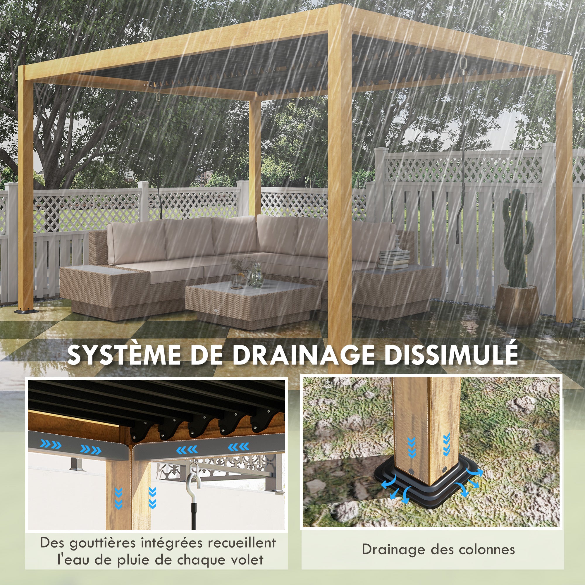 Bioclimatic Aluminum Pergola 3 x 4 m Outdoor Garden Pergola with Adjustable Louvers Crank, Contemporary Style - Black and Natural Wood Grain Effect