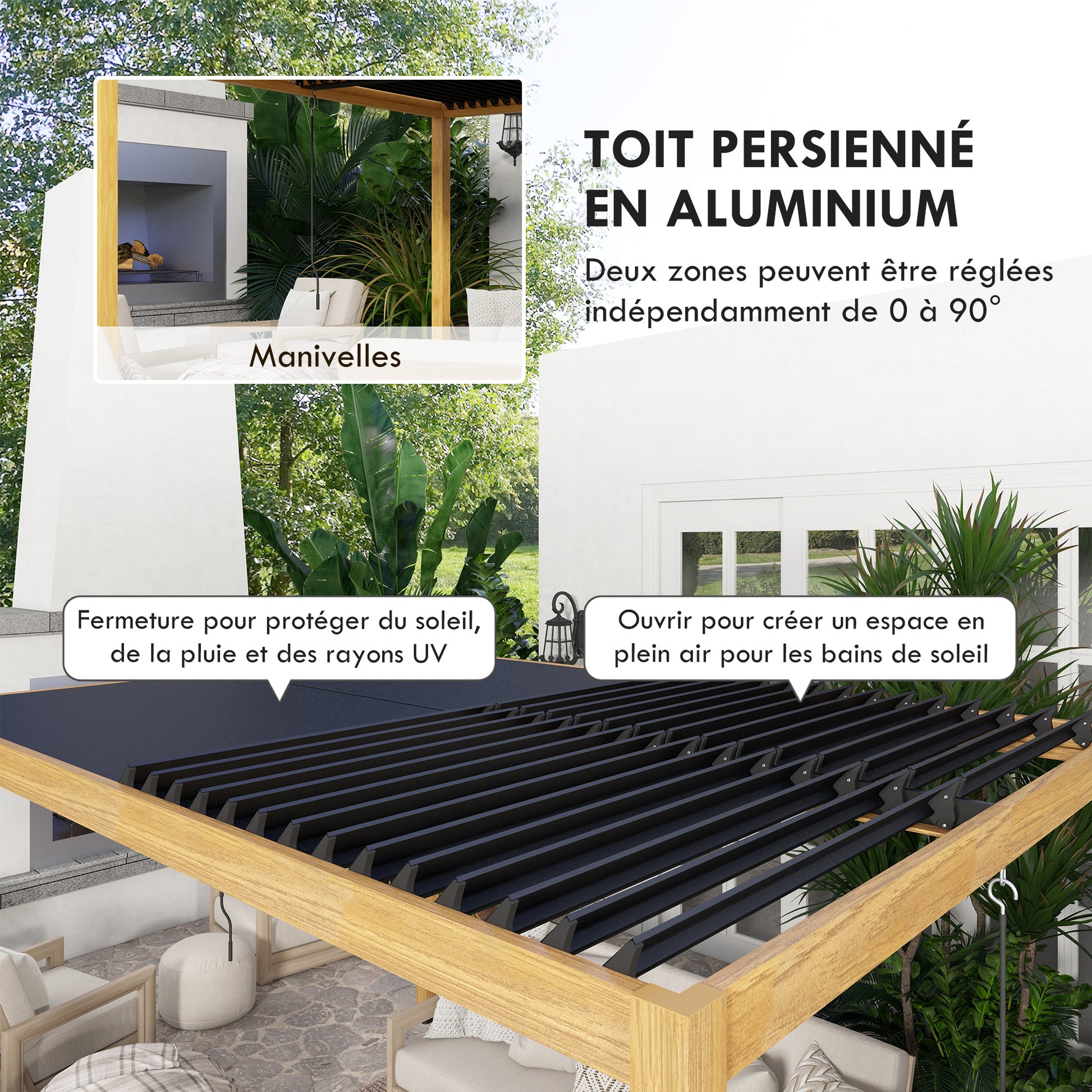 Bioclimatic Aluminum Pergola 3 x 4 m Outdoor Garden Pergola with Adjustable Louvers Crank, Contemporary Style - Black and Natural Wood Grain Effect