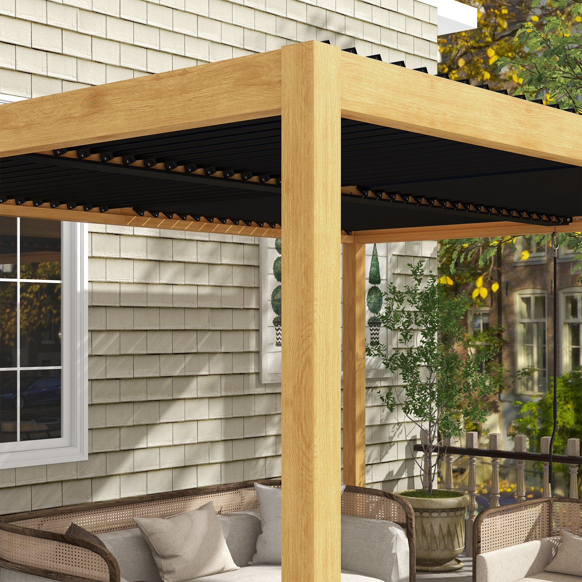 Bioclimatic Aluminum Pergola 3 x 4 m Outdoor Garden Pergola with Adjustable Louvers Crank, Contemporary Style - Black and Natural Wood Grain Effect