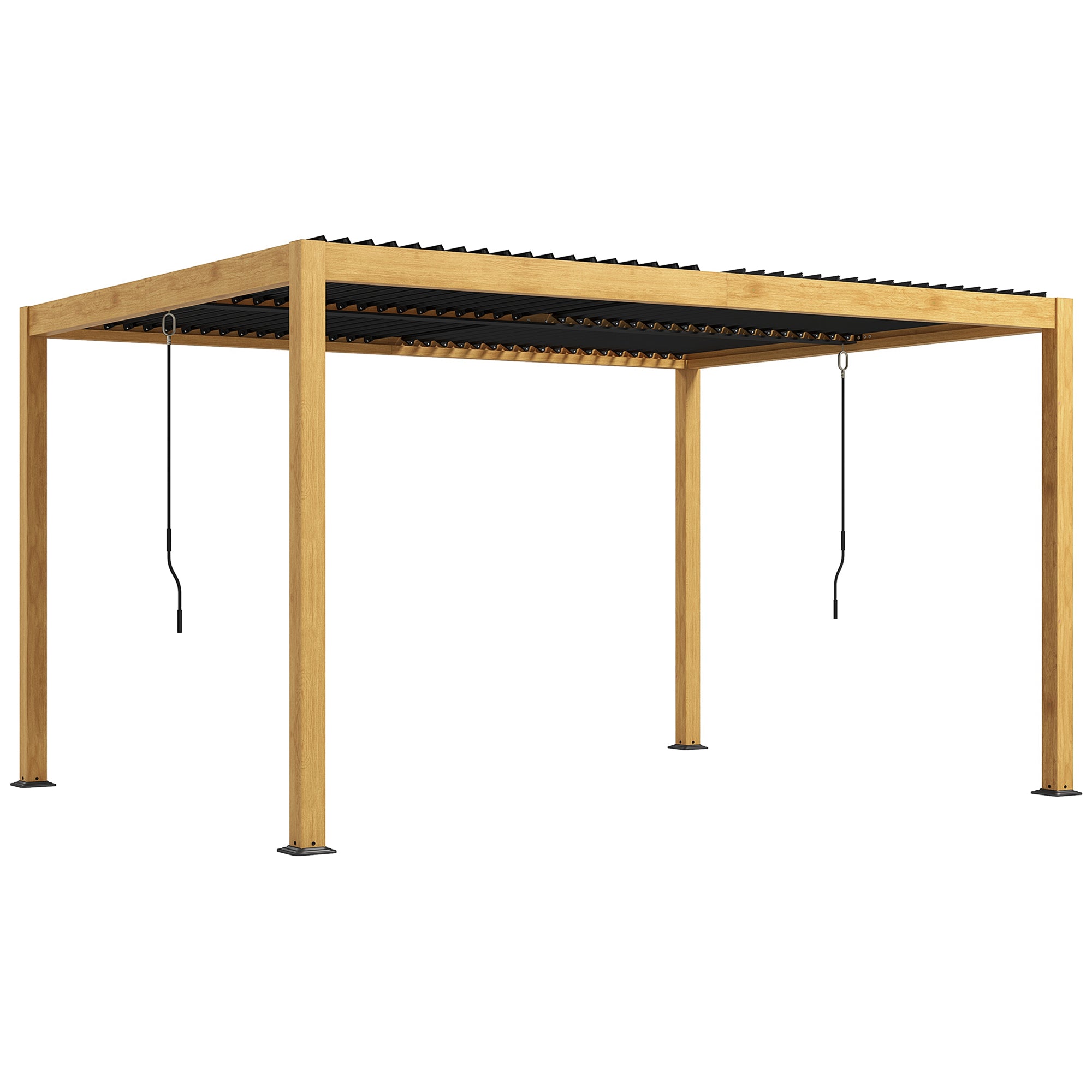Bioclimatic Aluminum Pergola 3 x 4 m Outdoor Garden Pergola with Adjustable Louvers Crank, Contemporary Style - Black and Natural Wood Grain Effect