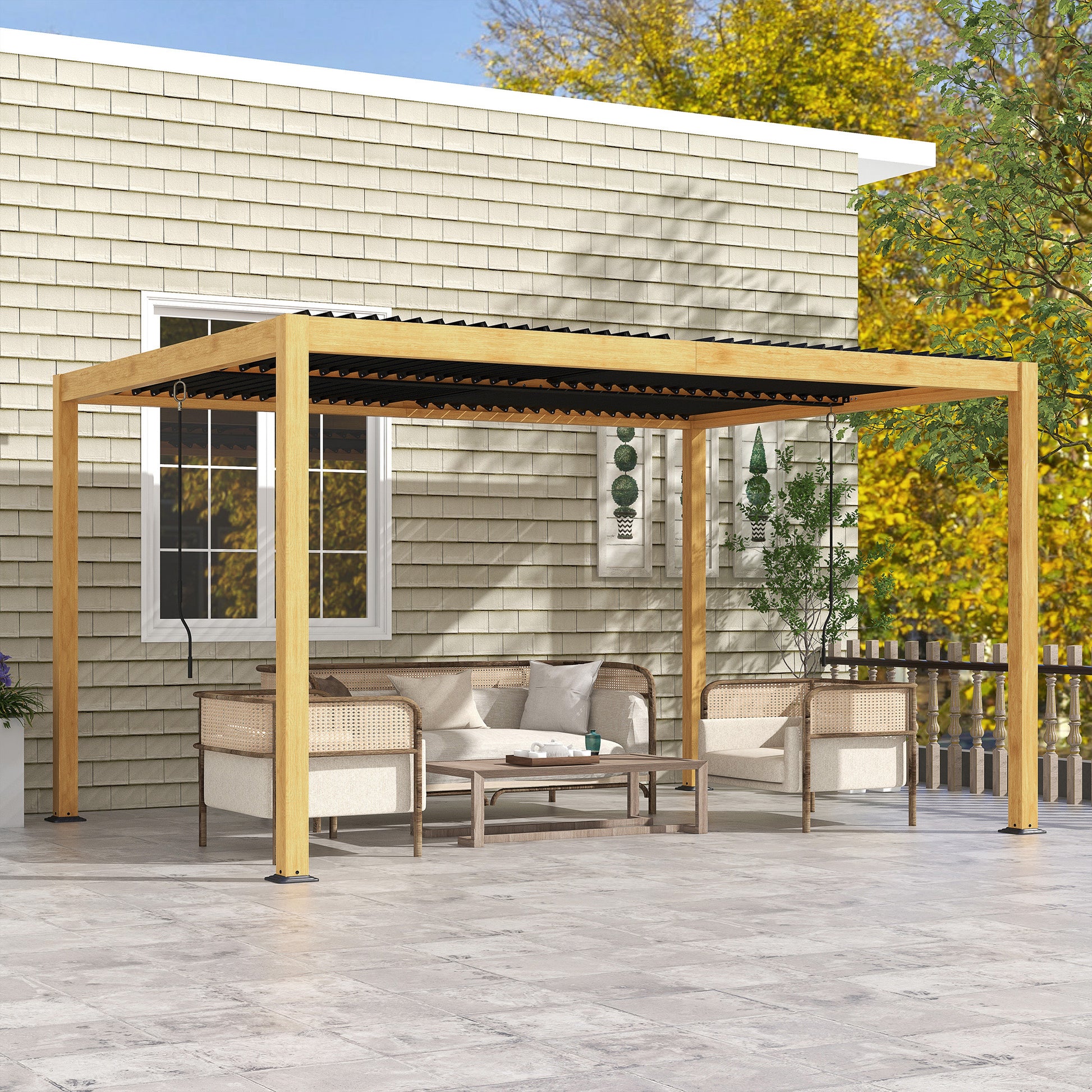 Bioclimatic Aluminum Pergola 3 x 4 m Outdoor Garden Pergola with Adjustable Louvers Crank, Contemporary Style - Black and Natural Wood Grain Effect