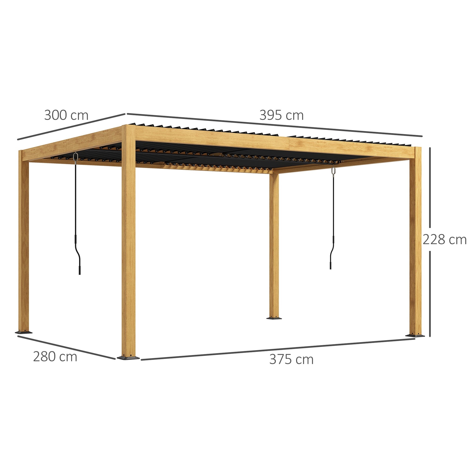 Bioclimatic Aluminum Pergola 3 x 4 m Outdoor Garden Pergola with Adjustable Louvers Crank, Contemporary Style - Black and Natural Wood Grain Effect