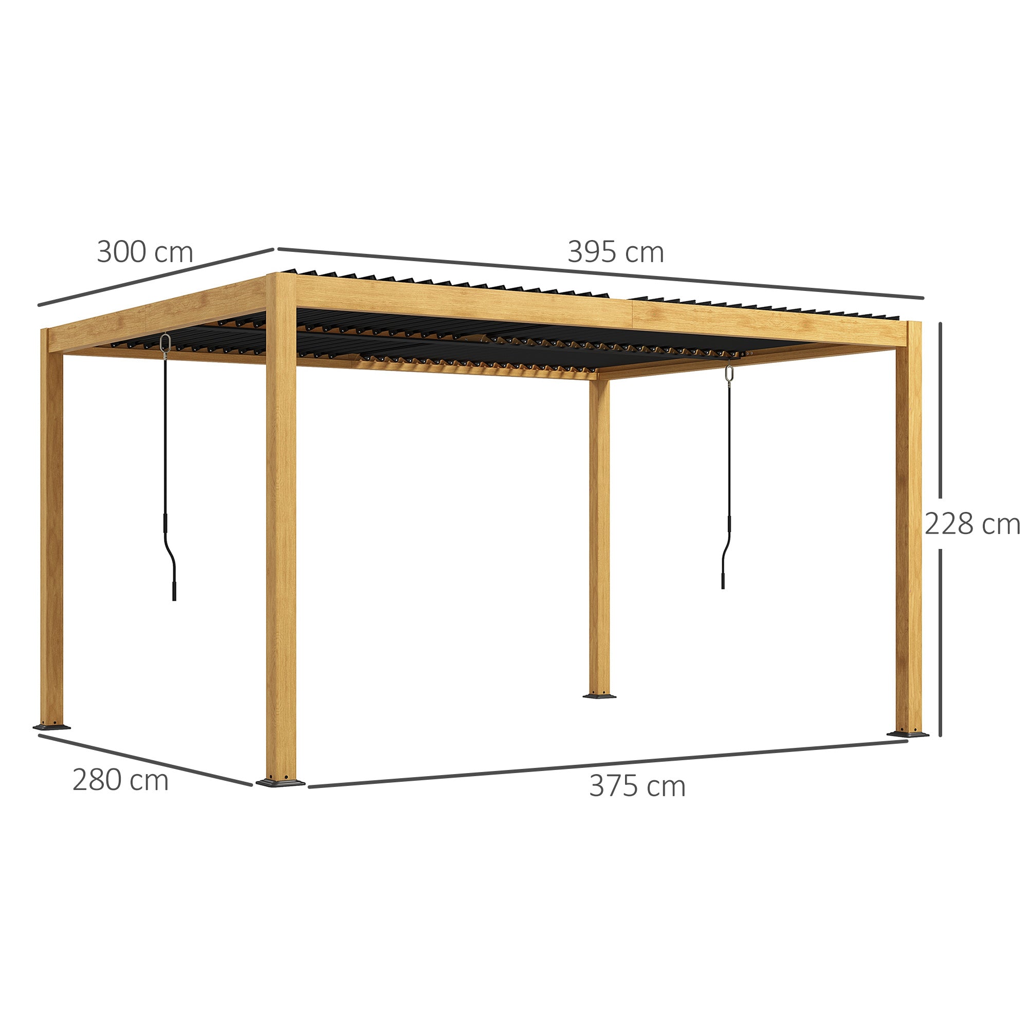 Bioclimatic Aluminum Pergola 3 x 4 m Outdoor Garden Pergola with Adjustable Louvers Crank, Contemporary Style - Black and Natural Wood Grain Effect