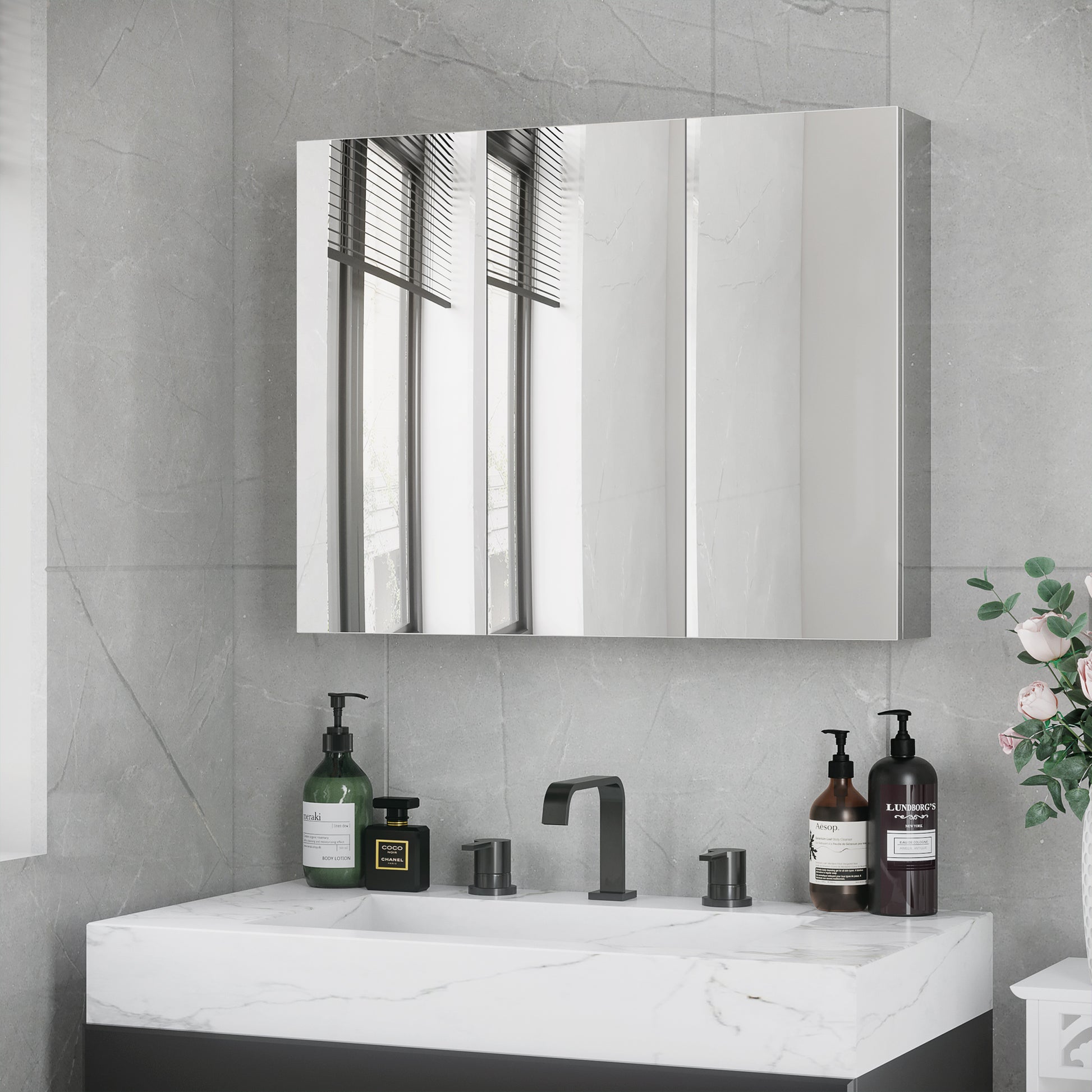 Mirrored Cabinet, Bathroom Cabinet with 3 Glass Doors, Hanging Cabinet, Storage Cabinet with 5 Shelves, Bathroom Cabinet, Wall Cabinet, Stainless Steel, Silver, 70 x 12 x 55 cm