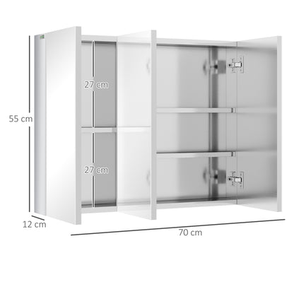 Mirrored Cabinet, Bathroom Cabinet with 3 Glass Doors, Hanging Cabinet, Storage Cabinet with 5 Shelves, Bathroom Cabinet, Wall Cabinet, Stainless Steel, Silver, 70 x 12 x 55 cm