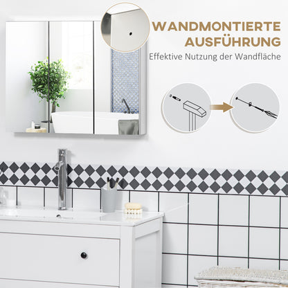 Mirrored Cabinet, Bathroom Cabinet with 3 Glass Doors, Hanging Cabinet, Storage Cabinet with 5 Shelves, Bathroom Cabinet, Wall Cabinet, Stainless Steel, Silver, 70 x 12 x 55 cm