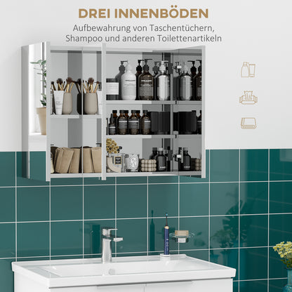 Mirrored Cabinet, Bathroom Cabinet with 3 Glass Doors, Hanging Cabinet, Storage Cabinet with 5 Shelves, Bathroom Cabinet, Wall Cabinet, Stainless Steel, Silver, 70 x 12 x 55 cm