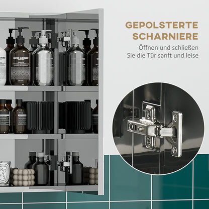 Mirrored Cabinet, Bathroom Cabinet with 3 Glass Doors, Hanging Cabinet, Storage Cabinet with 5 Shelves, Bathroom Cabinet, Wall Cabinet, Stainless Steel, Silver, 70 x 12 x 55 cm