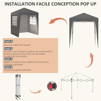 Folding Pop-up Garden Gazebo 2 x 2 m Adjustable Height Event Canopy 3 Levels Anti-UV 30+ 3 Side Walls with 4 Sandbags and 1 Carrying Bag Oxford Fabric Gray Steel