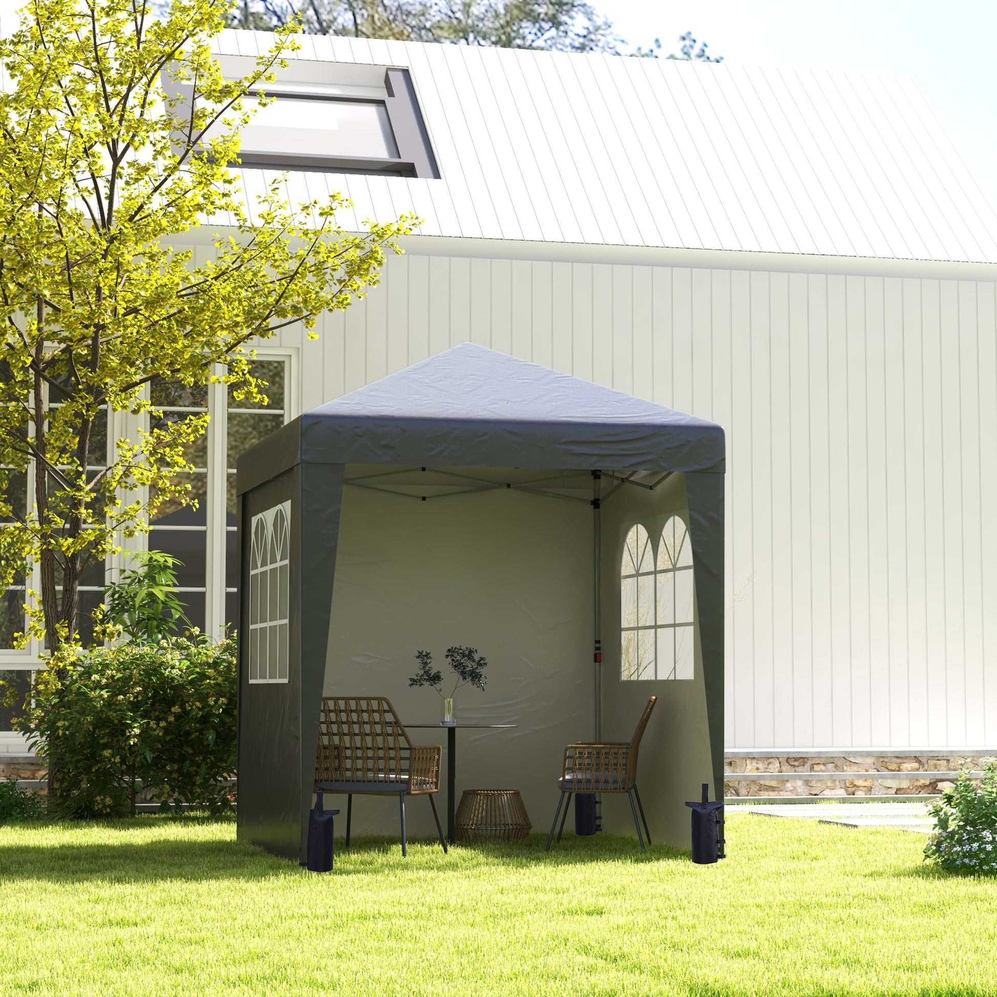 Folding Pop-up Garden Gazebo 2 x 2 m Adjustable Height Event Canopy 3 Levels Anti-UV 30+ 3 Side Walls with 4 Sandbags and 1 Carrying Bag Oxford Fabric Gray Steel