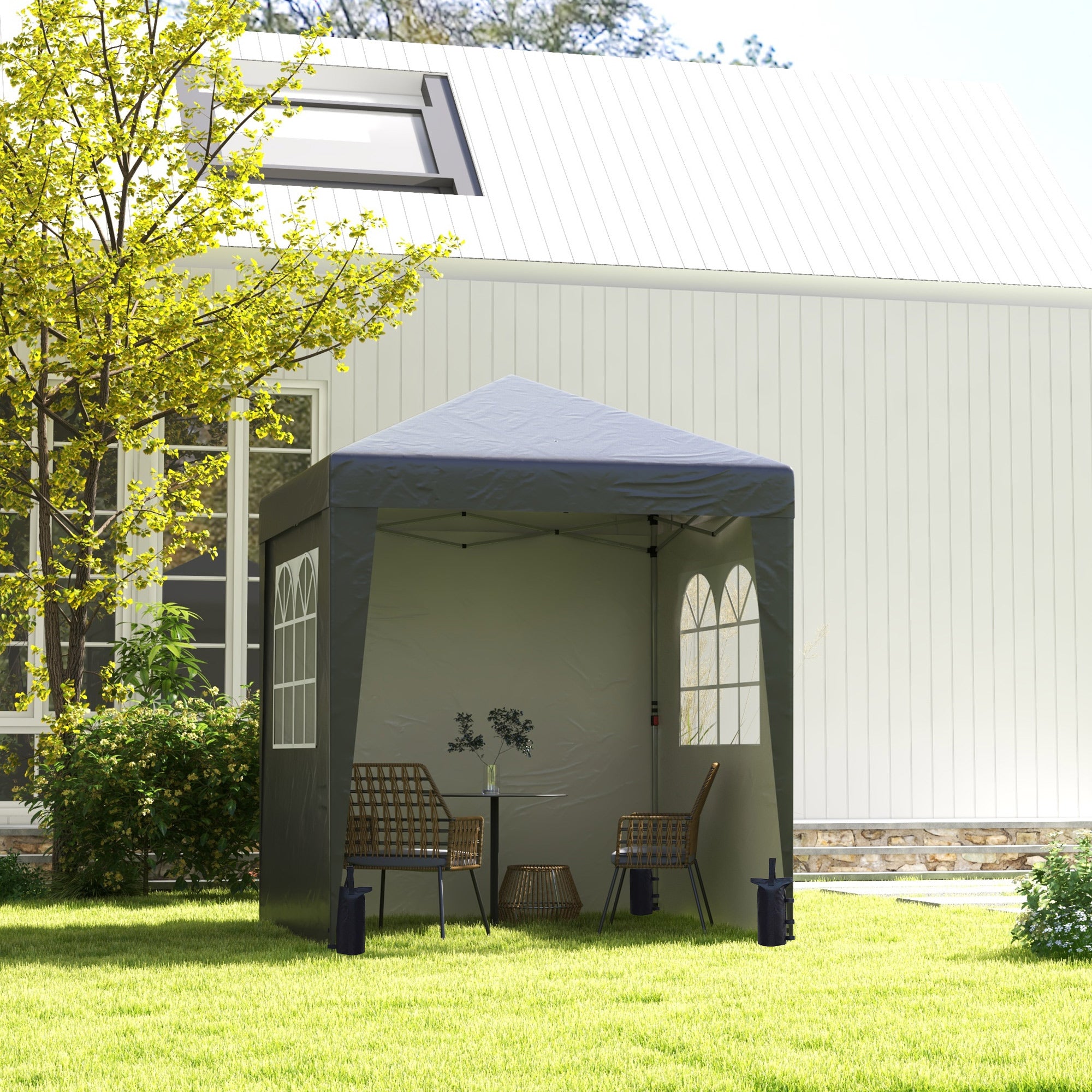 Folding Pop-up Garden Gazebo 2 x 2 m Adjustable Height Event Canopy 3 Levels Anti-UV 30+ 3 Side Walls with 4 Sandbags and 1 Carrying Bag Oxford Fabric Gray Steel