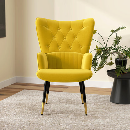 Single Armchair for Bedroom Living Room Upholstered in Velvet with High Backrest Armrests and Steel Legs Modern Style 68x72x103 cm Yellow